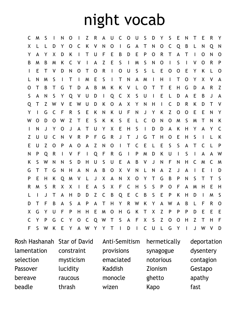 night vocab Word Search