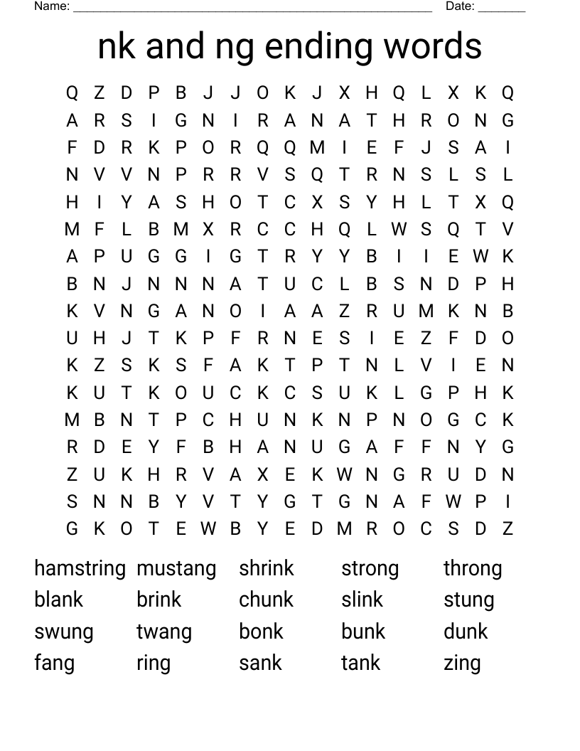 nk and ng ending words Word Search