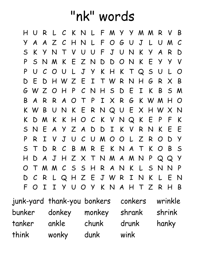 "nk" words Word Search