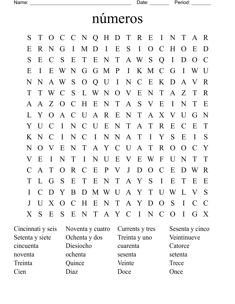 números Word Search
