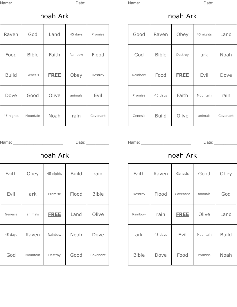 noah Ark Bingo Cards