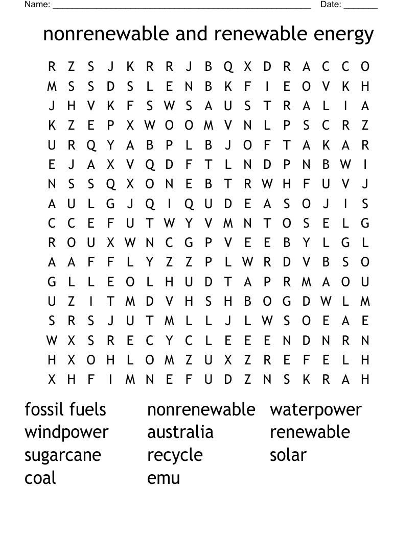 nonrenewable and renewable energy Word Search