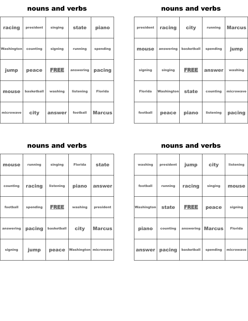 nouns and verbs Bingo Cards