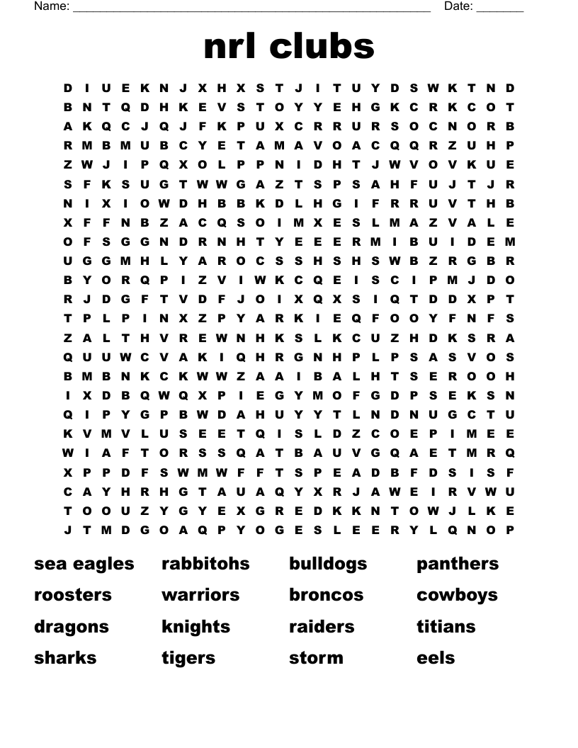 nrl clubs Word Search