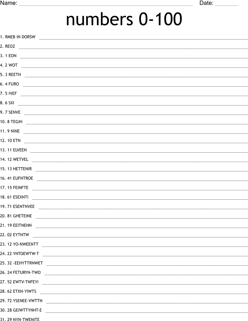 numbers 0-100 Word Scramble