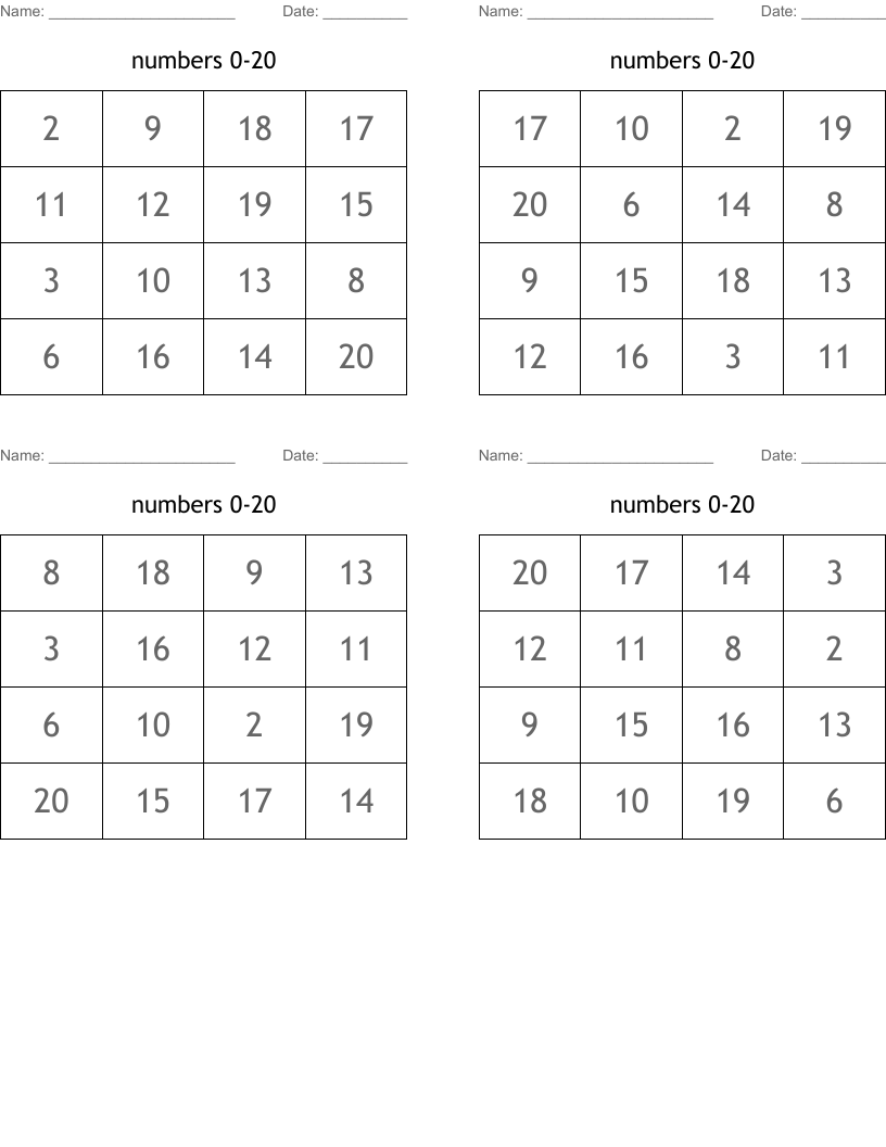 numbers 0-20 Bingo Cards