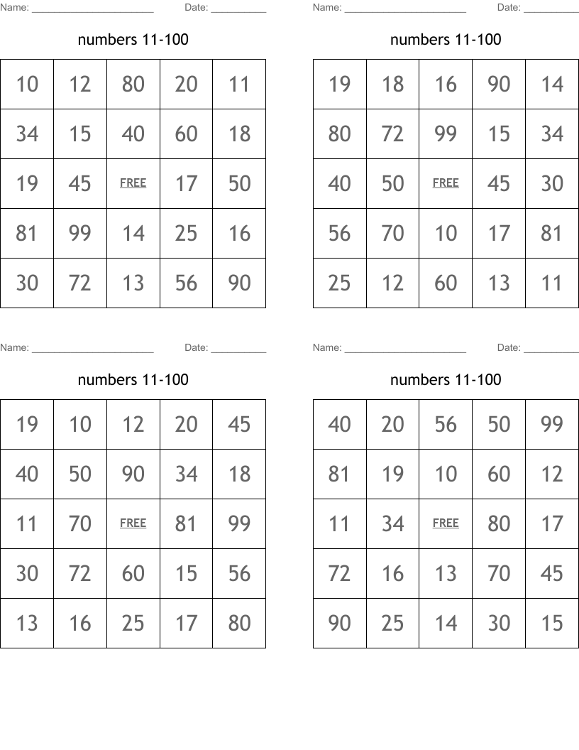 numbers 11-100 Bingo Cards