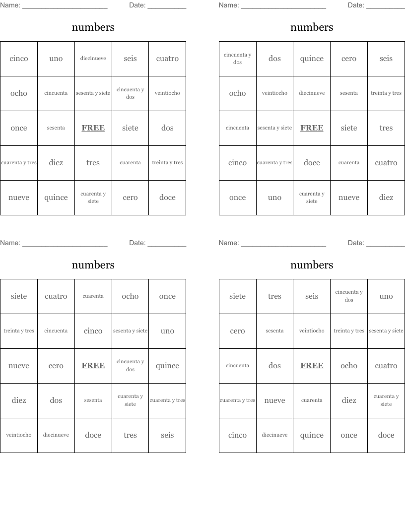 numbers Bingo Cards