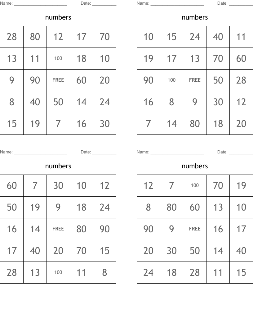 numbers Bingo Cards