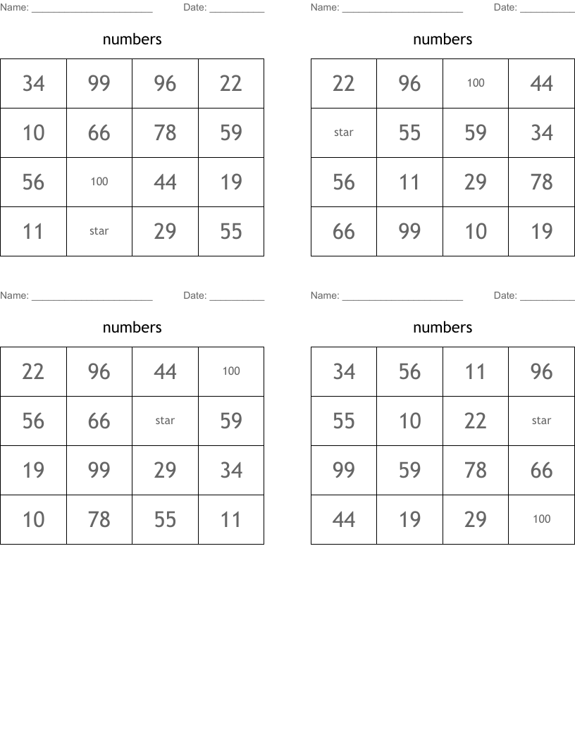 numbers Bingo Cards