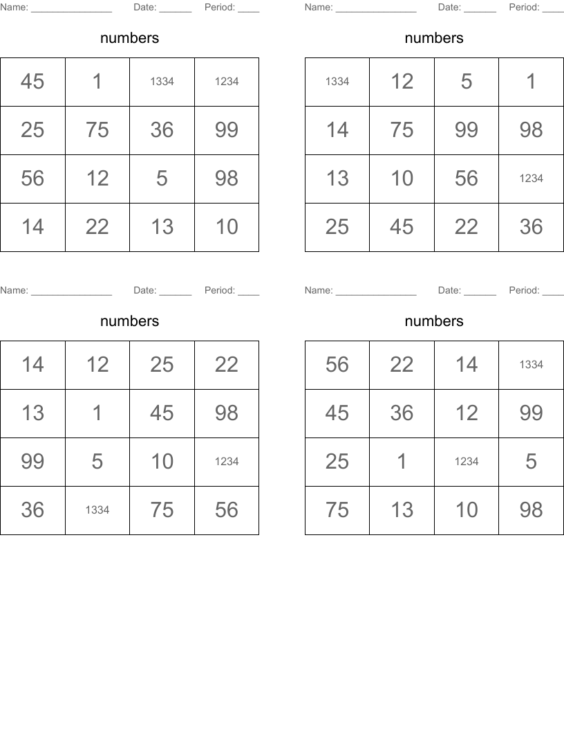 numbers Bingo Cards