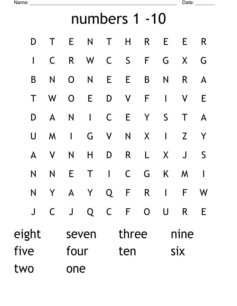 numbers 1 -10 Word Search