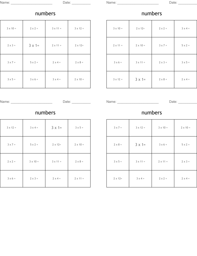 numbers Bingo Cards