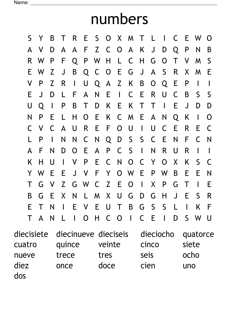 numbers Word Search