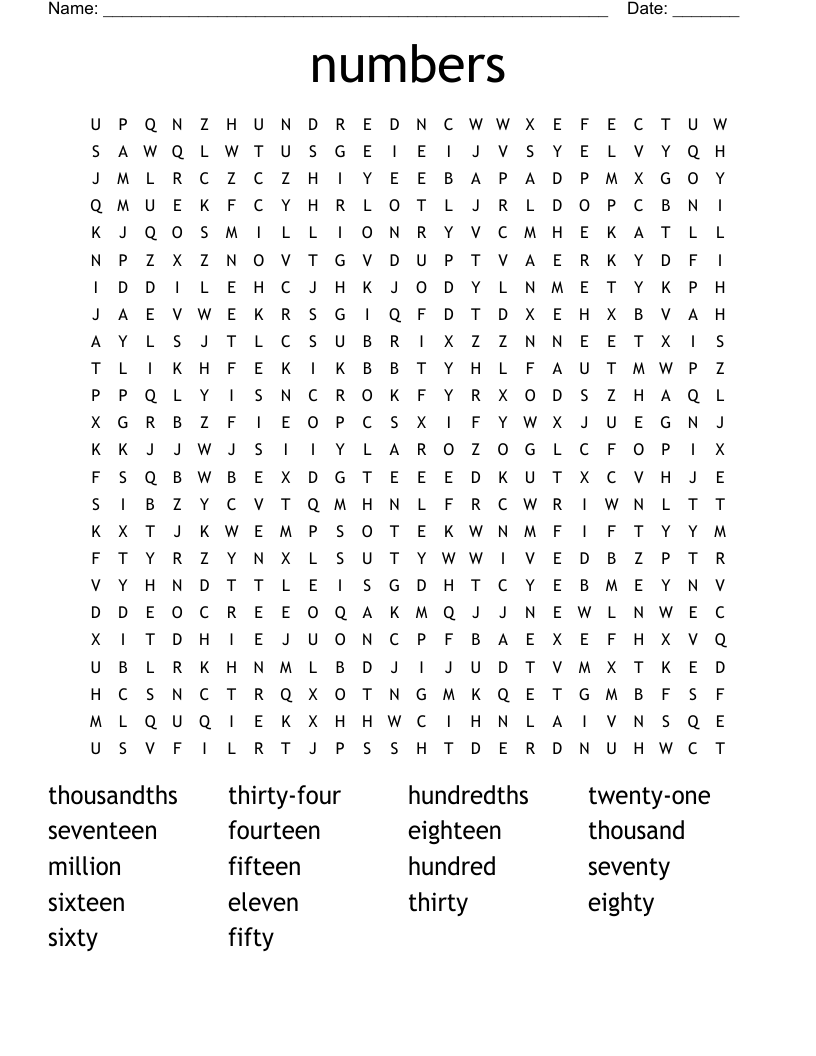 numbers Word Search