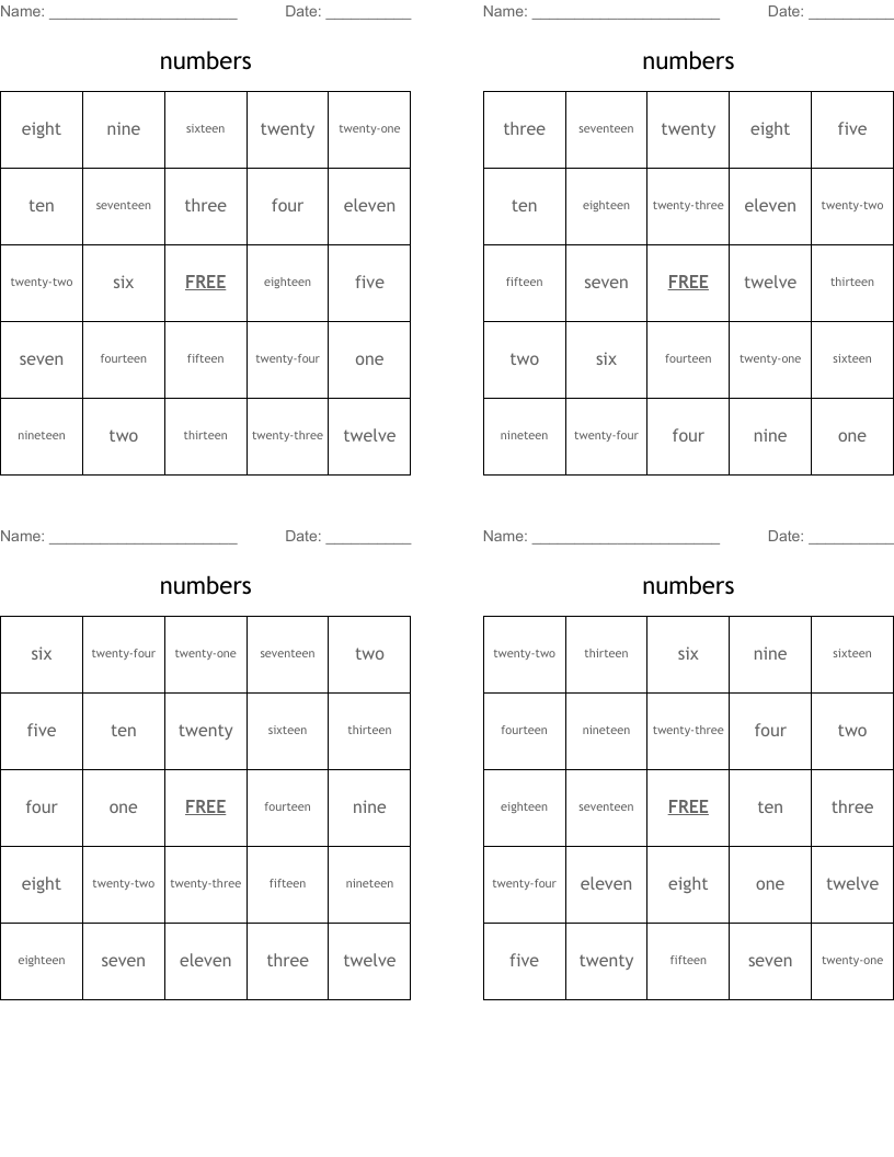 numbers Bingo Cards