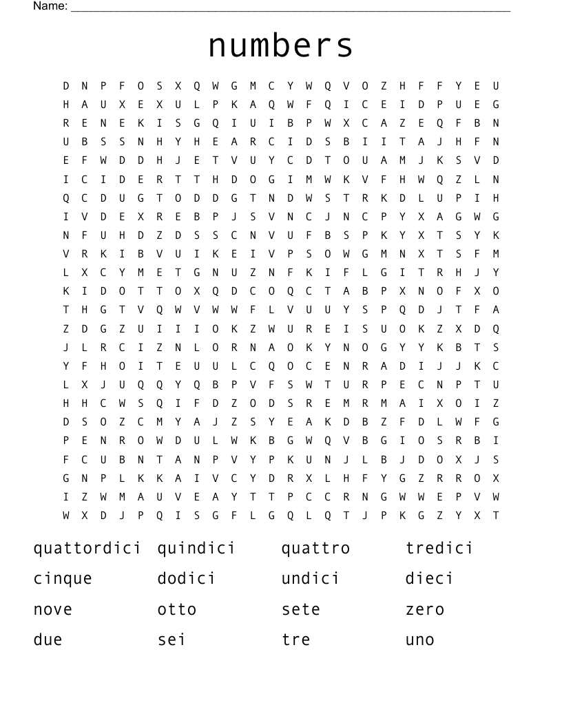 numbers  Word Search