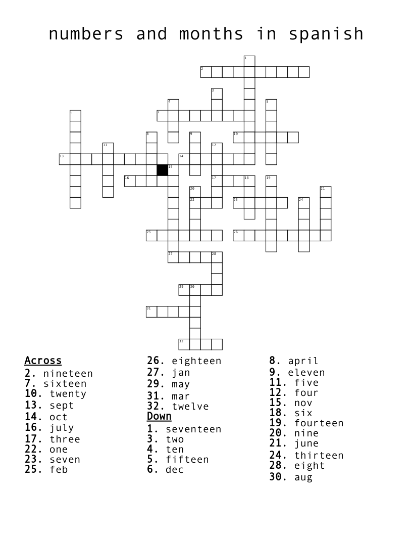 numbers and months in spanish  Crossword