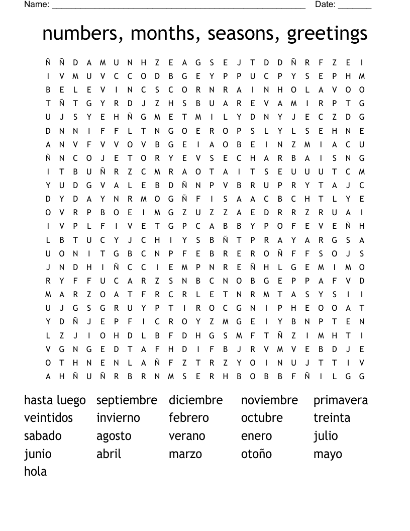 numbers, months, seasons, greetings Word Search