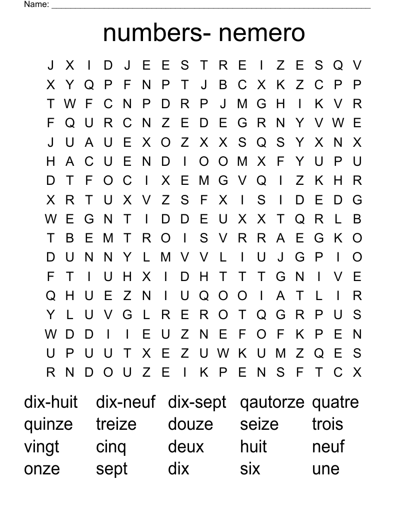 numbers- nemero Word Search