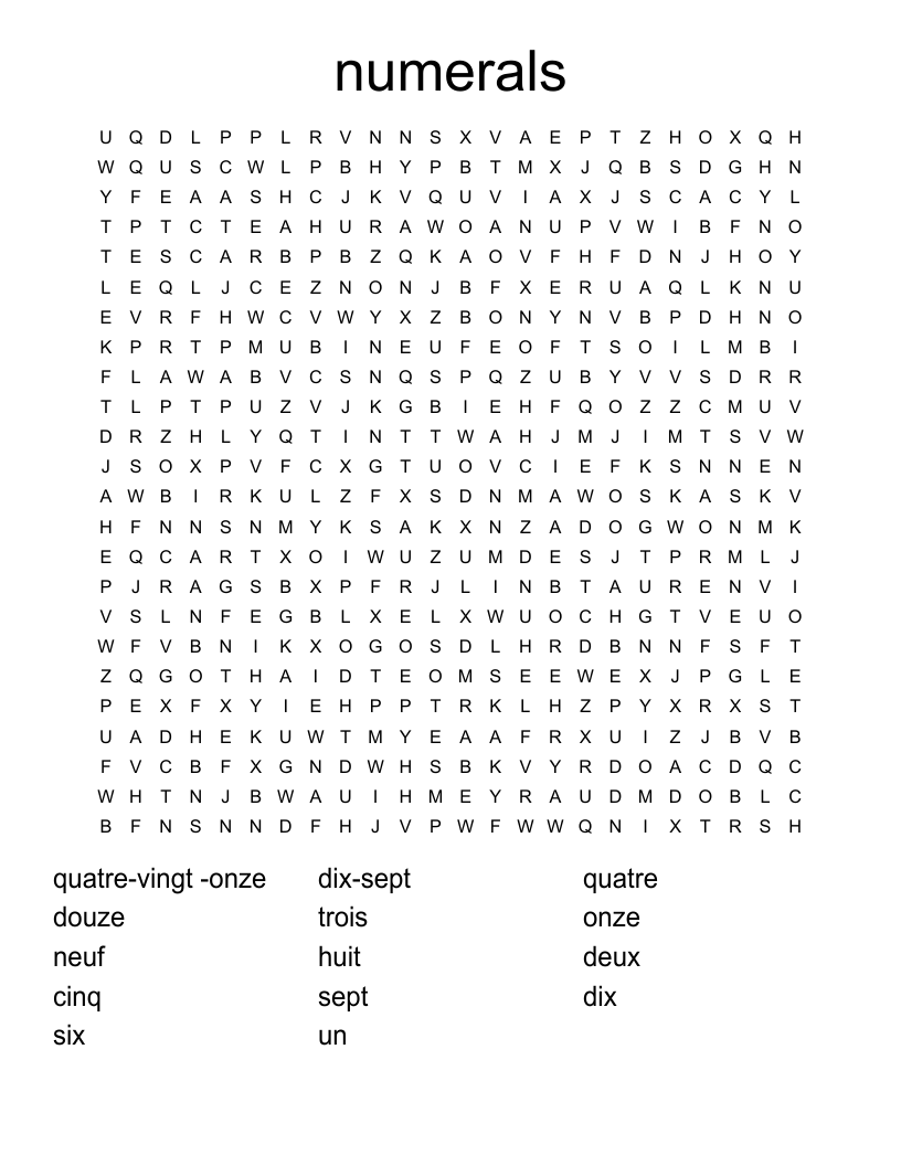 numerals Word Search