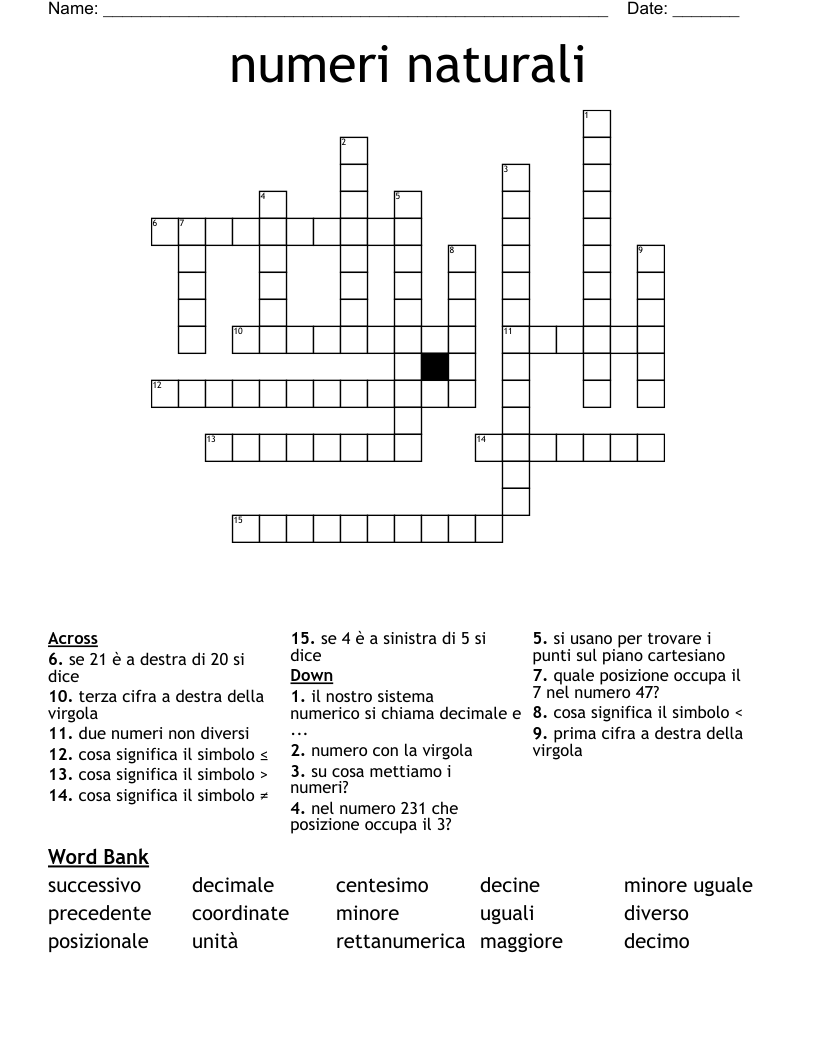 numeri naturali Crossword