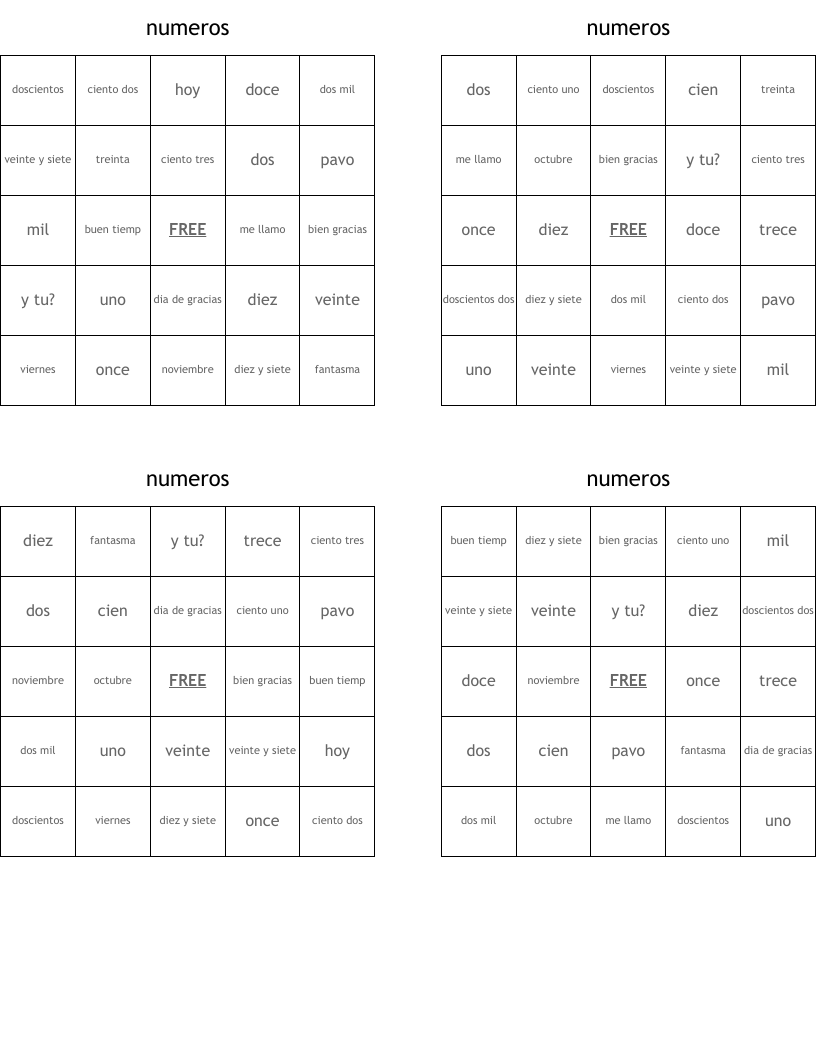 numeros Bingo Cards