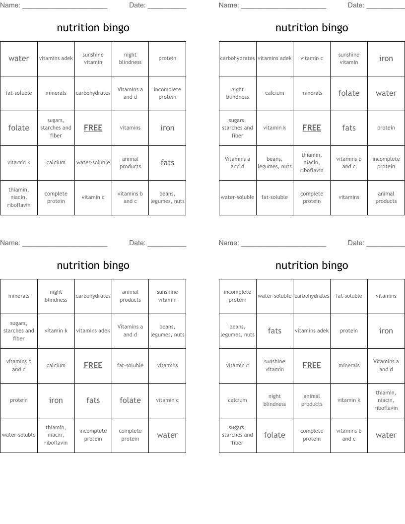 nutrition bingo