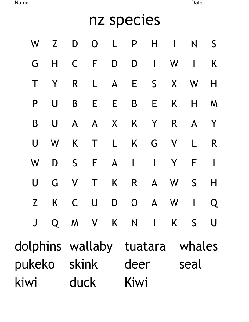 nz species Word Search
