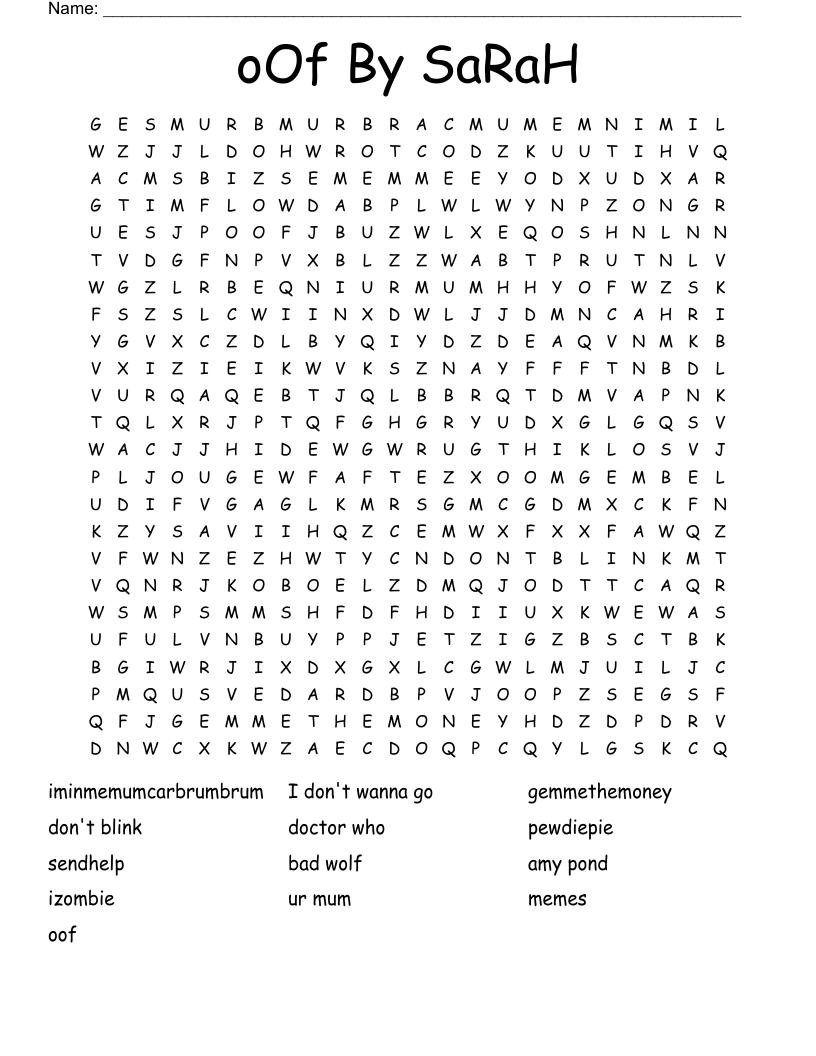 oOf By SaRaH Word Search