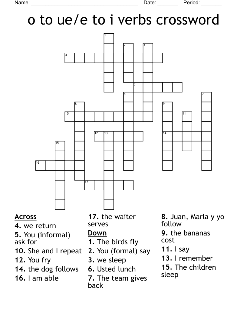 o to ue/e to i  verbs crossword