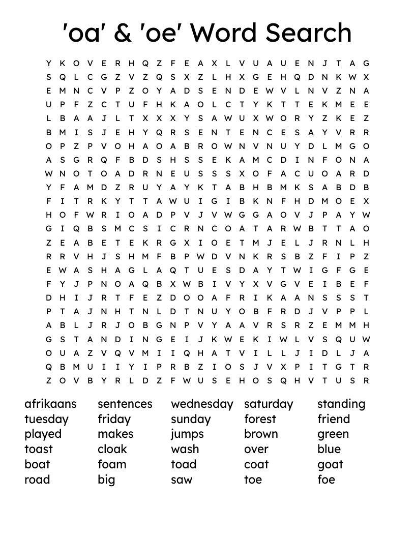 'oa' & 'oe' Word Search