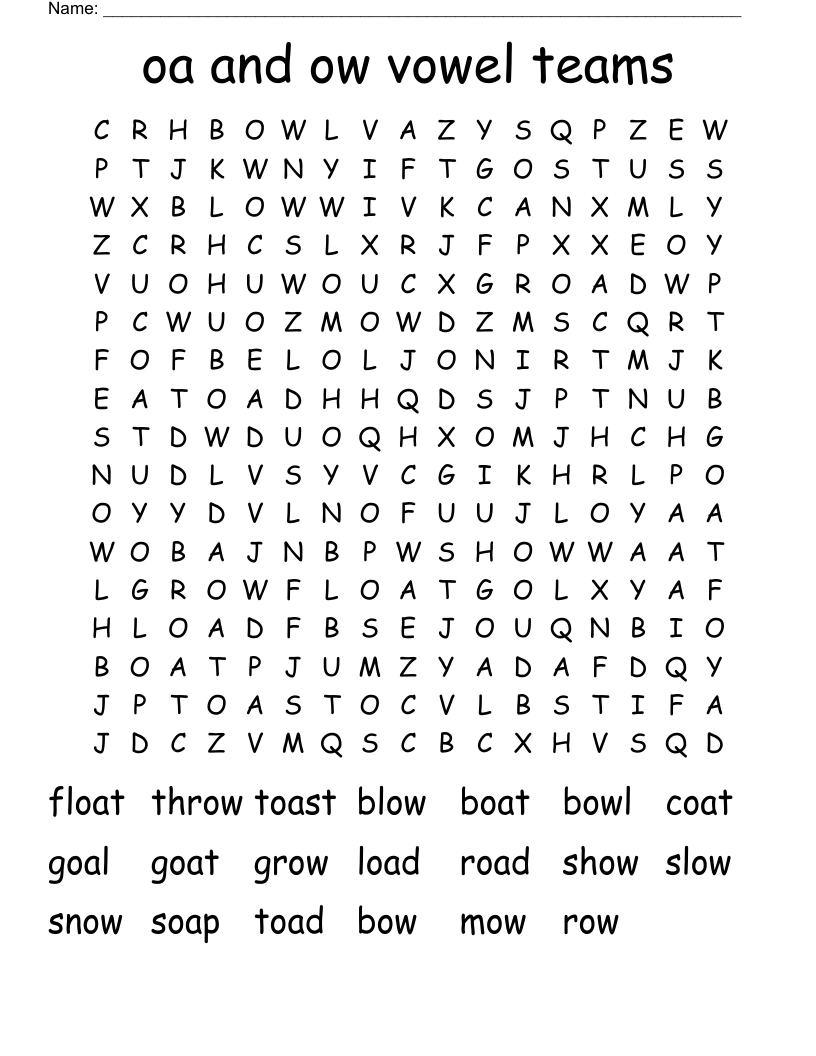 oa and ow vowel teams Word Search