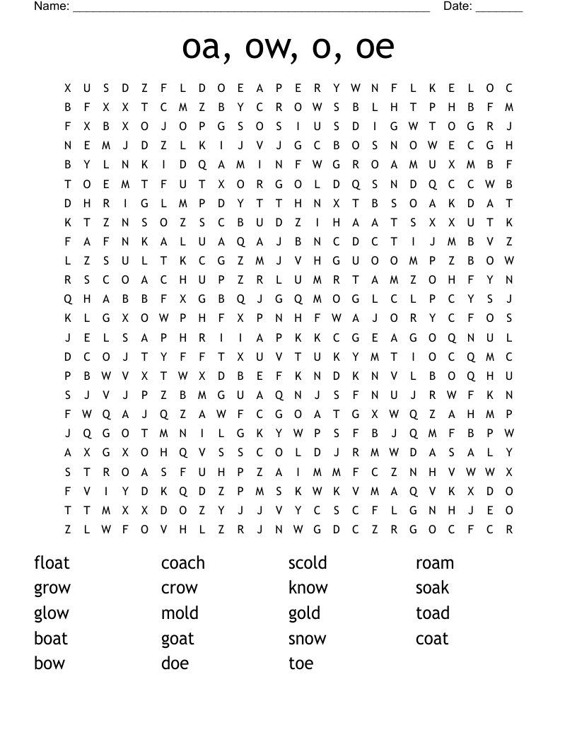 oa, ow, o, oe Word Search