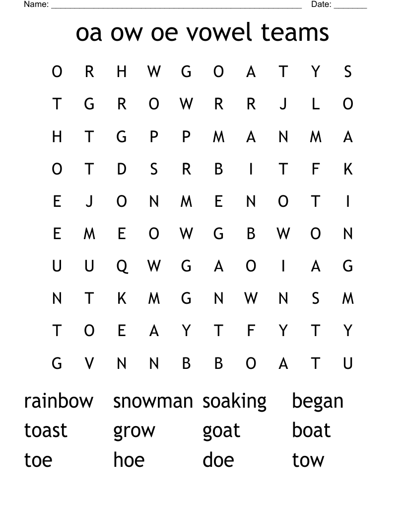 oa ow oe vowel teams Word Search