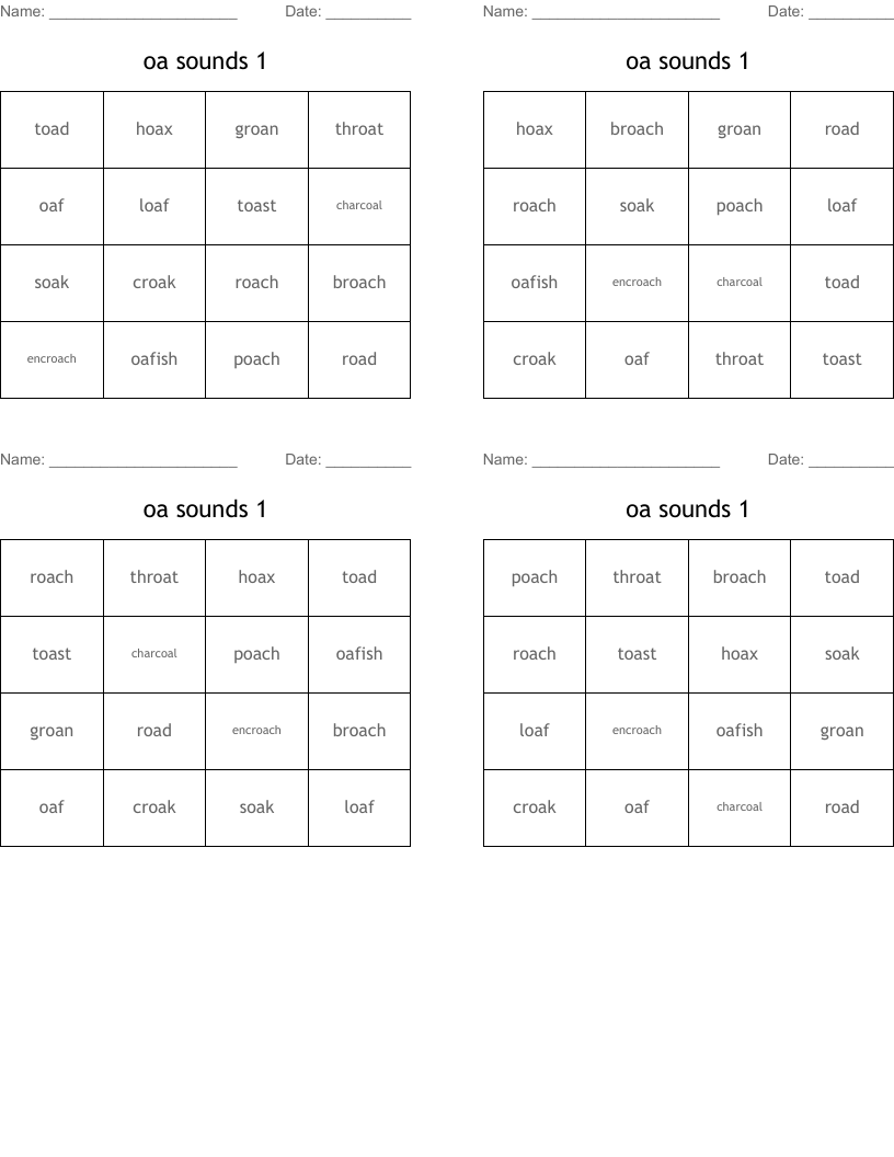 oa sounds 1 Bingo Cards
