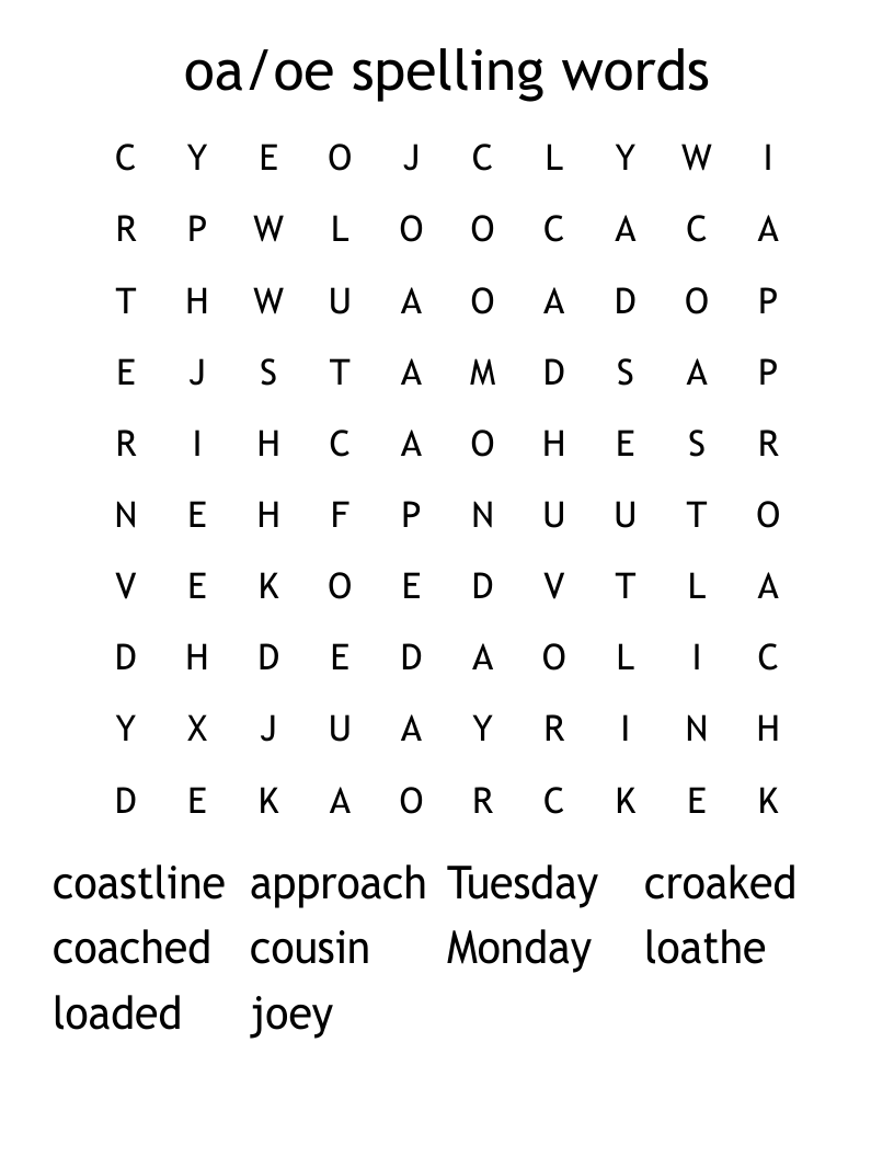 oa/oe spelling words Word Search
