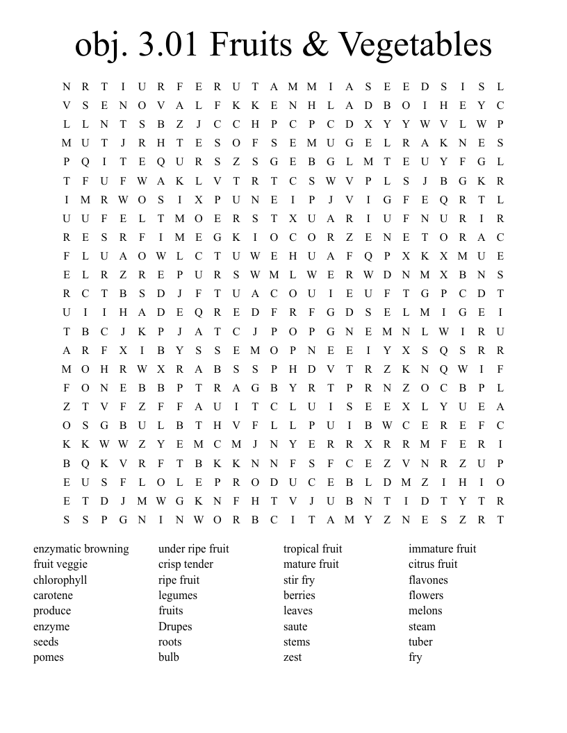 obj. 3.01 Fruits & Vegetables Word Search
