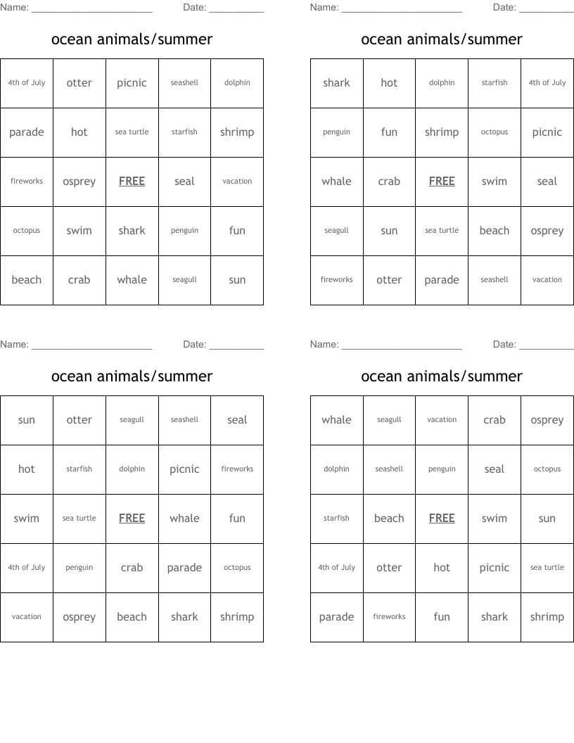 ocean animals/summer Bingo Cards