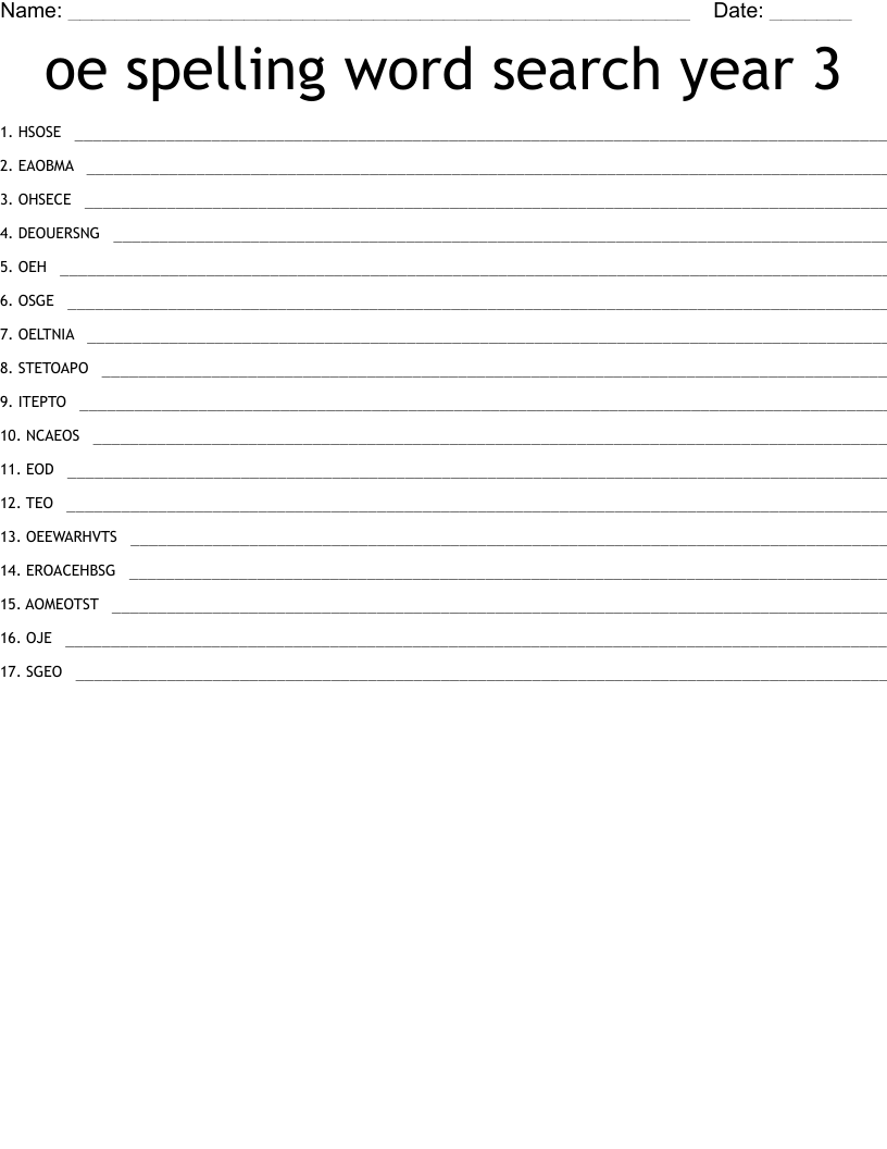 oe spelling word search year 3 Word Scramble