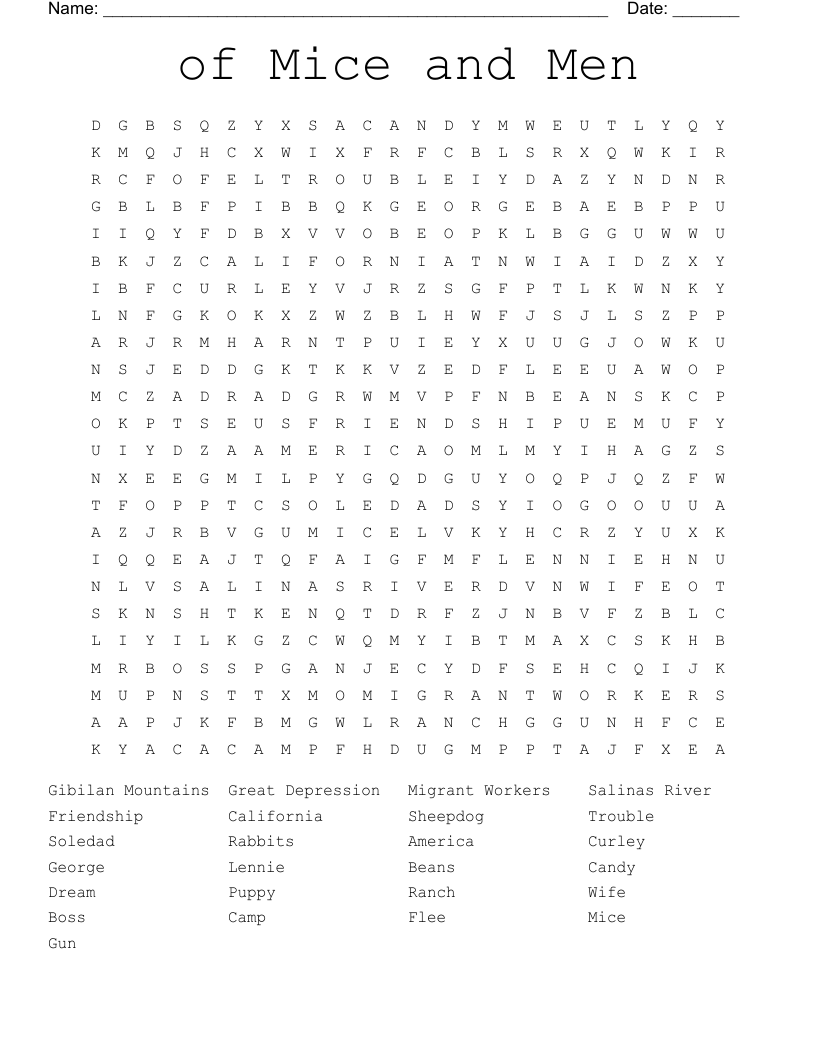 of Mice and Men Word Search