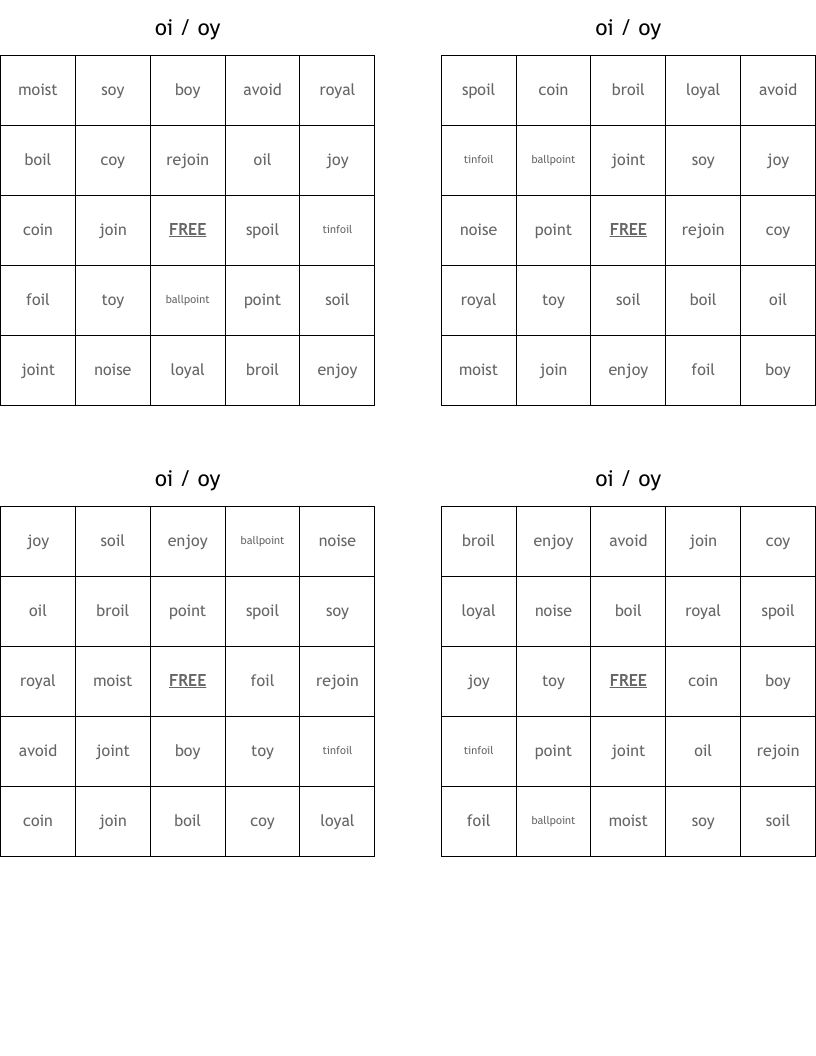 oi / oy Bingo Cards