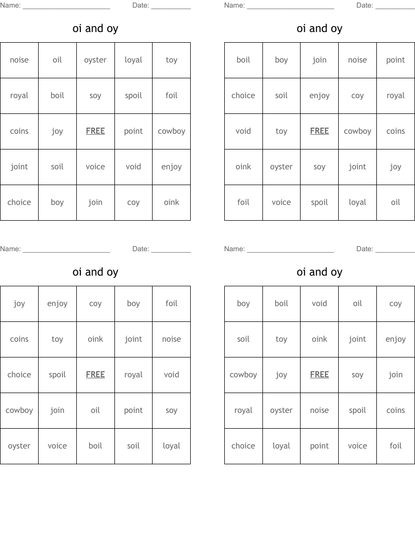 oi and oy Bingo Cards