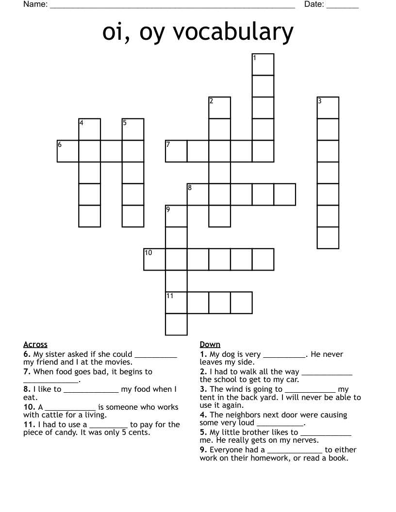 oi, oy vocabulary Crossword