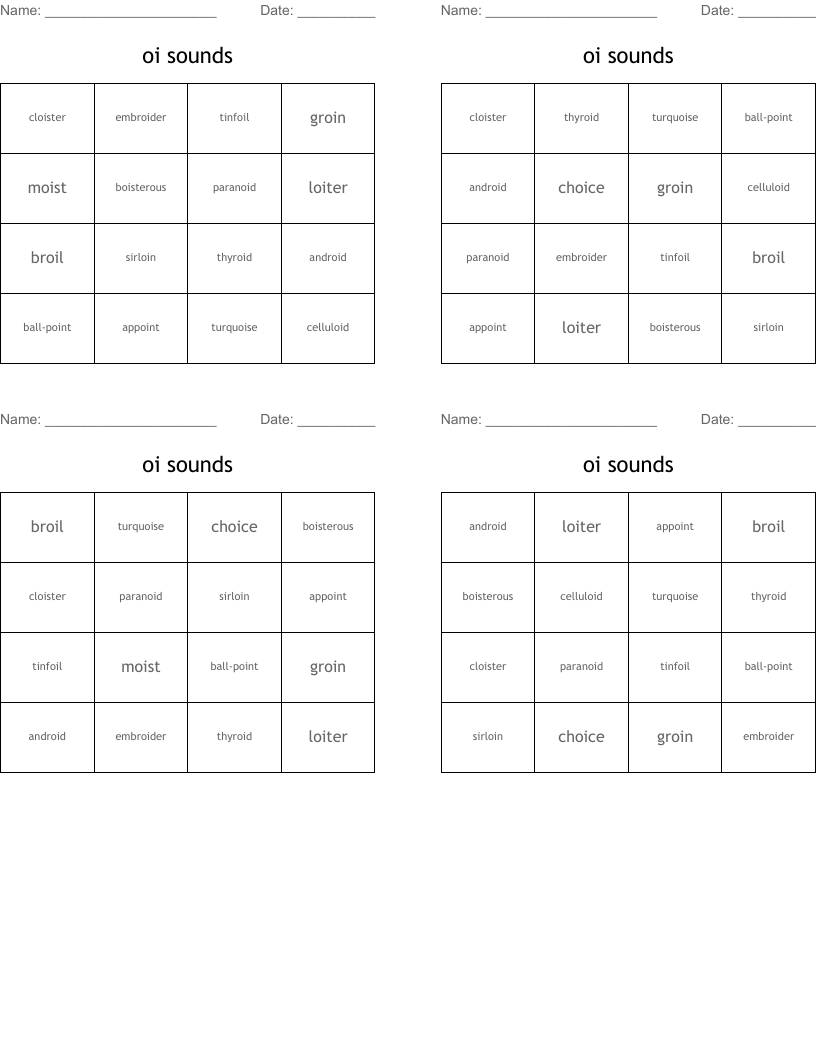 oi sounds Bingo Cards