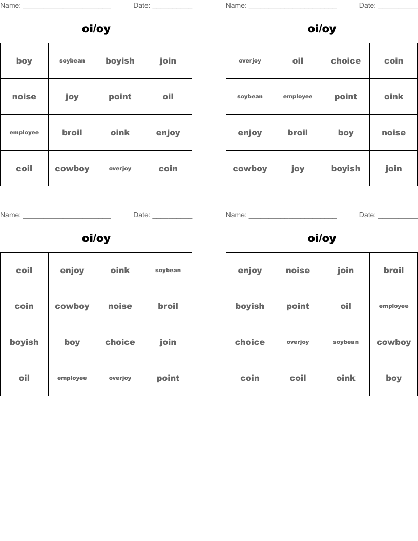 oi/oy Bingo Cards