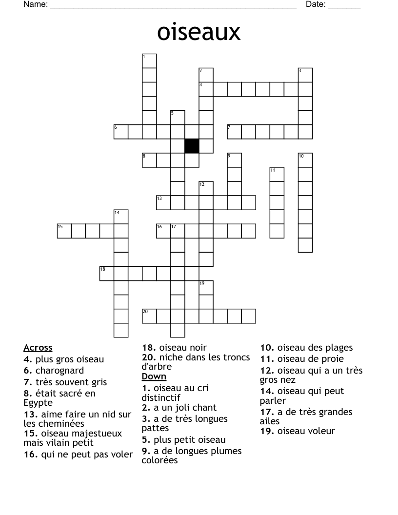 oiseaux Crossword