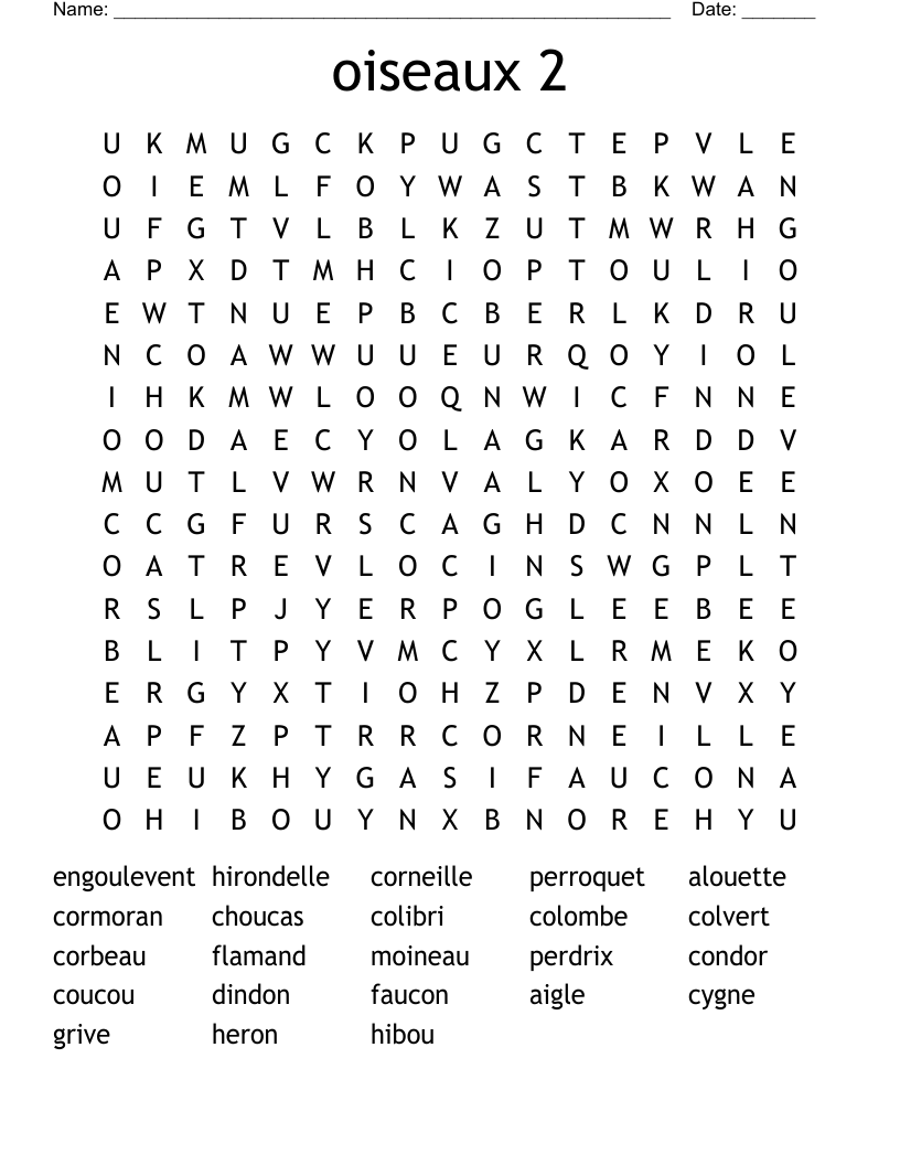 oiseaux 2 Word Search