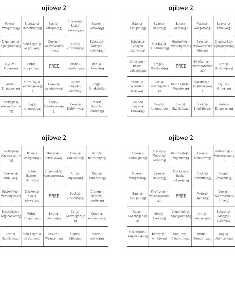 ojibwe 2 Bingo Cards