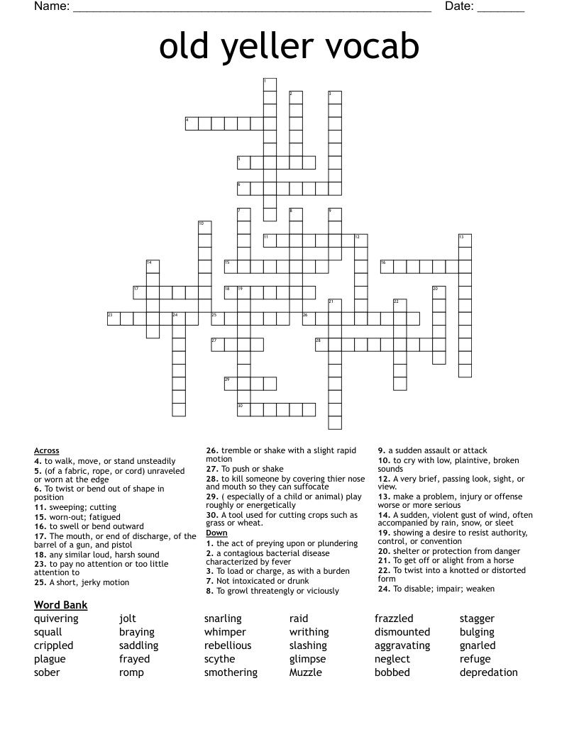 old yeller vocab Crossword